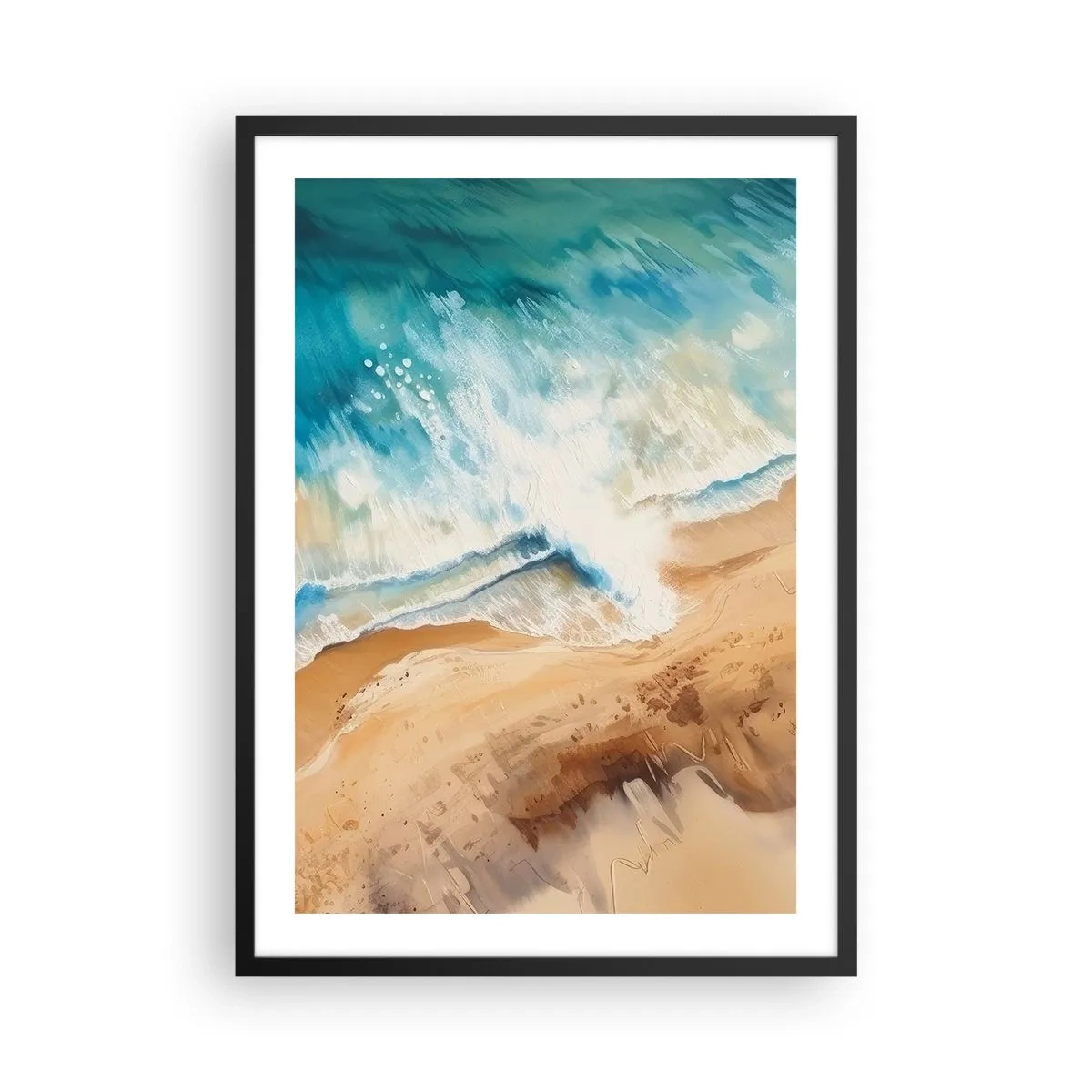 Plakat i sort ramme - En abstrakt scene af en bølge, der slår ind mod kysten i nuancer af turkis og sand. - 50x70cm - Tilbagevendende bølge - Moderne vægdekoration til stue og soveværelse ARTTOR