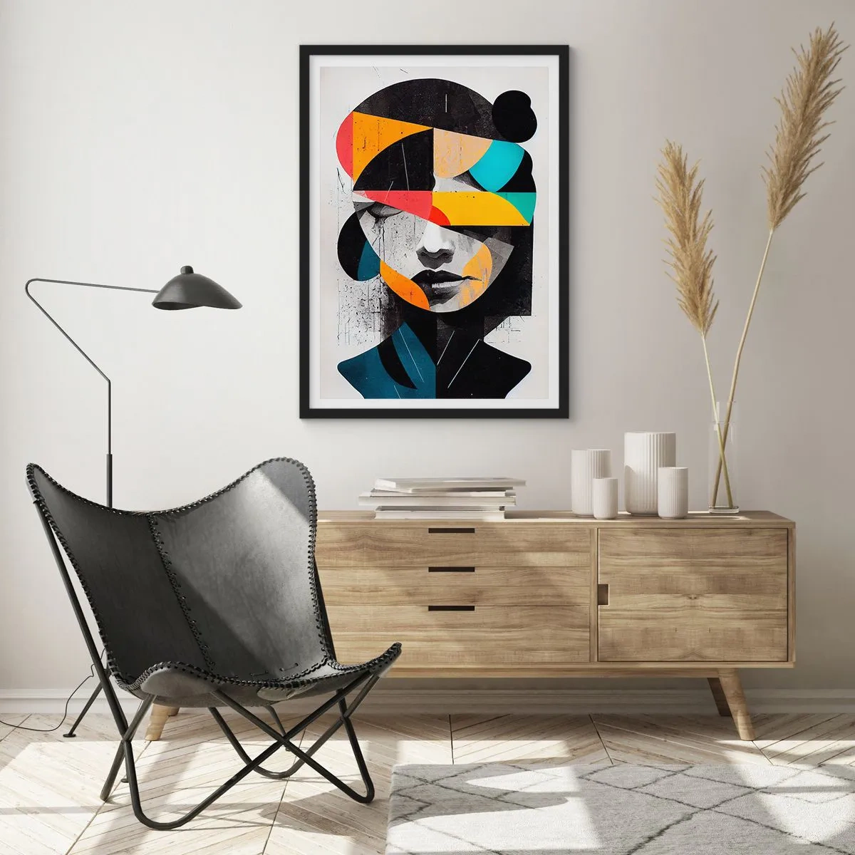 Plakat i sort ramme - Interiørportræt, flerfarvet, stiliseret abstrakt portræt af en kvinde - 50x70cm - Flerfarvet indre portræt - Moderne vægdekoration til stue og soveværelse ARTTOR