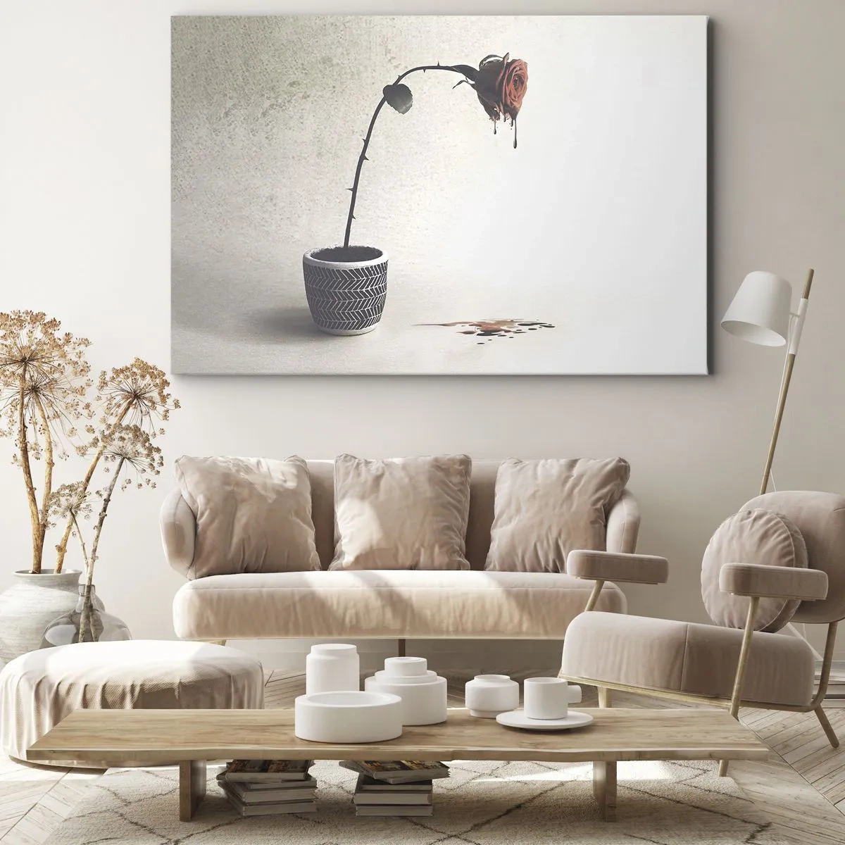 Lærredstryk - Billede på lærred - En rød rose i en potte med dråber farvestof på en hvid baggrund - 70x50cm - Rosa dolorosa - Moderne vægdekoration til stue og soveværelse ARTTOR