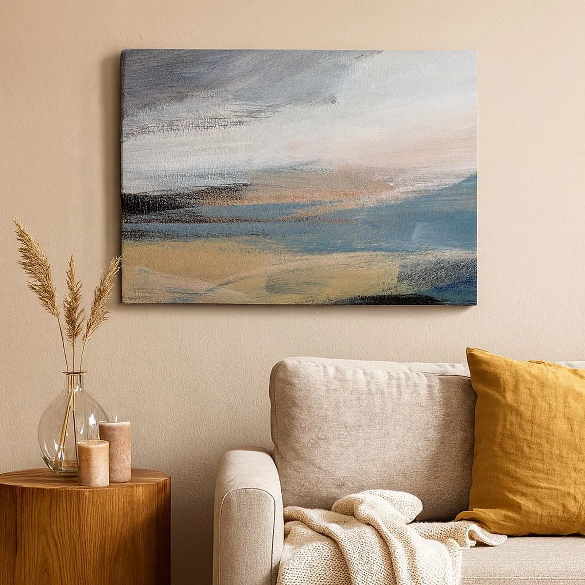 Lærredstryk - Billede på lærred - Abstrakt landskab i dæmpede nuancer af blå og beige - 70x50cm - Abstraktion: nordligt landskab - Moderne vægdekoration til stue og soveværelse ARTTOR