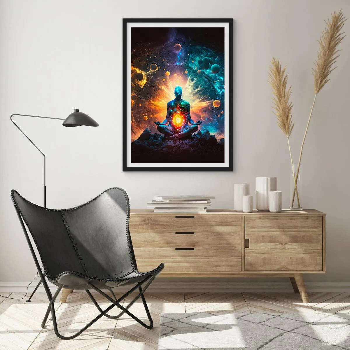 Plakat i sort ramme - En mediterende figur i en kosmisk aura fuld af energi - 50x70cm - Kosmisk ro - Moderne vægdekoration til stue og soveværelse ARTTOR