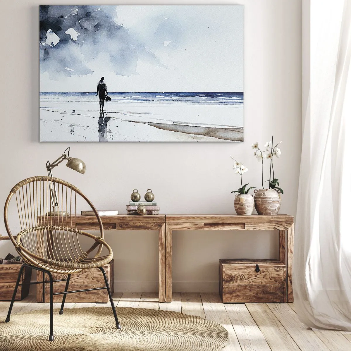 Lærredstryk - Billede på lærred - En figur på en strand i et roligt havmiljø - 70x50cm - Samtale med havet - Moderne vægdekoration til stue og soveværelse ARTTOR
