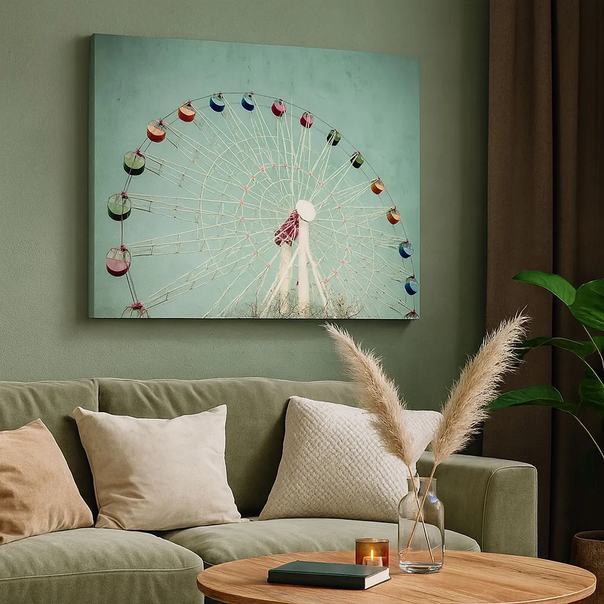 Lærredstryk - Billede på lærred - Et farverigt pariserhjul mod en blå himmel i retrostil - 70x50cm - Vi inviterer dig til at lege - Moderne vægdekoration til stue og soveværelse ARTTOR