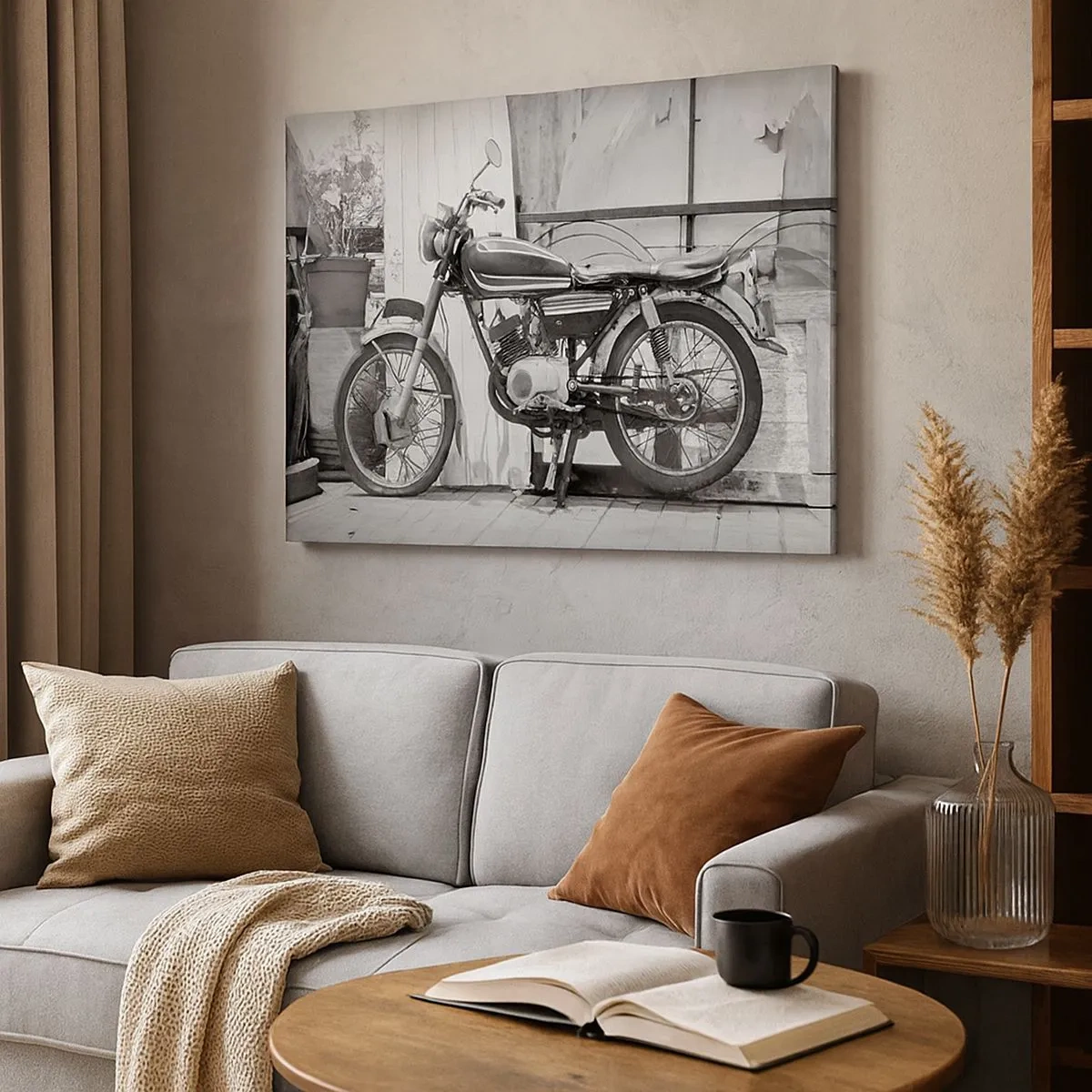 Lærredstryk - Billede på lærred - Sort-hvidt foto af en klassisk motorcykel - 70x50cm - Klassikere frem for alt - Moderne vægdekoration til stue og soveværelse ARTTOR