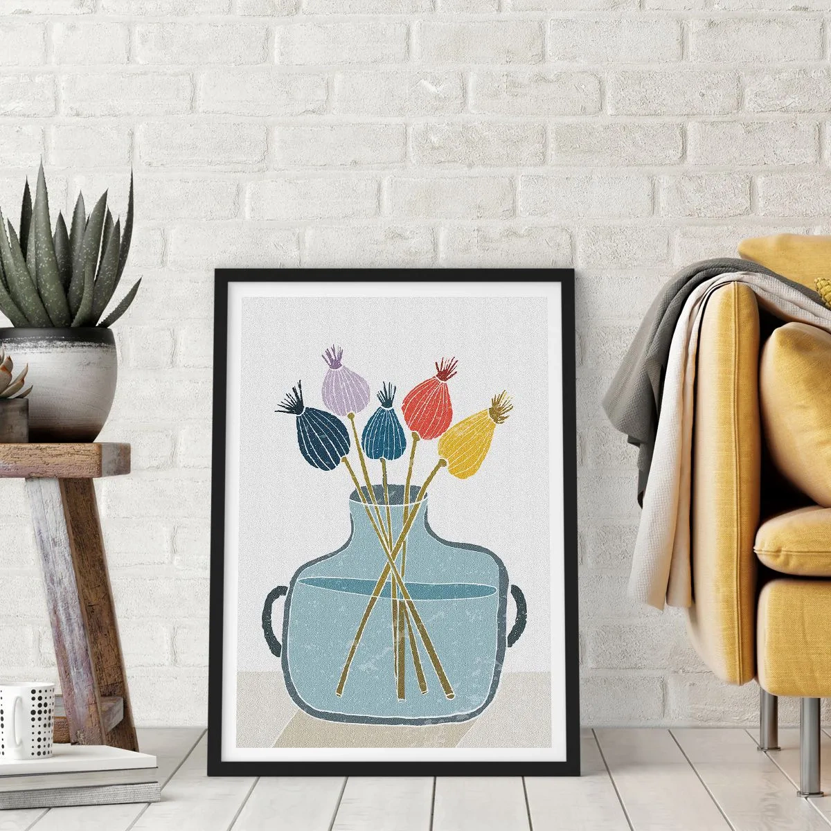 Plakat i sort ramme - En minimalistisk komposition af valmuehoveder i en glasvase - 50x70cm - Som et valmuefrø - Moderne vægdekoration til stue og soveværelse ARTTOR