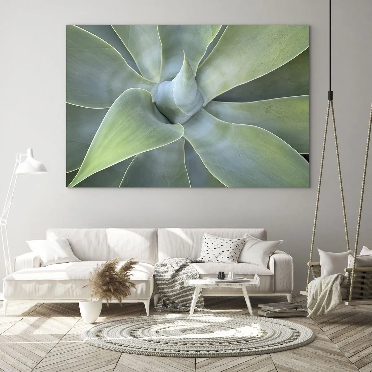 Billede på glas - Makrofotografi af en grøn plante med spiralformede blade - 70x50cm - Den grønne fødsel - Moderne vægdekoration til stue og soveværelse ARTTOR