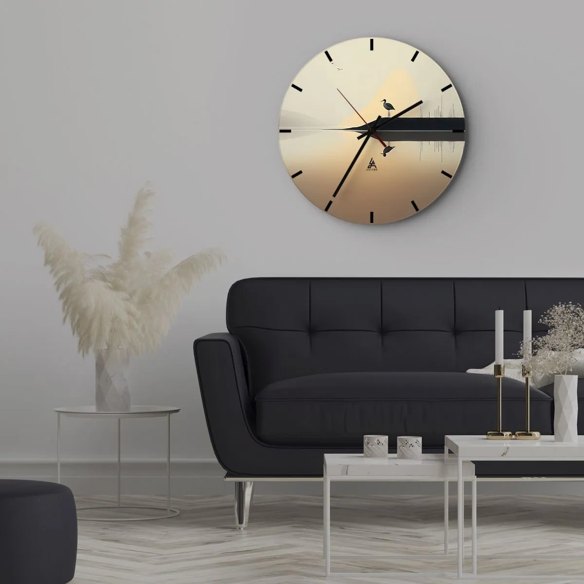 Vægur, Uret - Silhuet af en fugl på en klippe over en rolig sø ved daggry - 30x30cm - Herre på søen - Moderne vægdekoration til stue, køkken og soveværelse ARTTOR