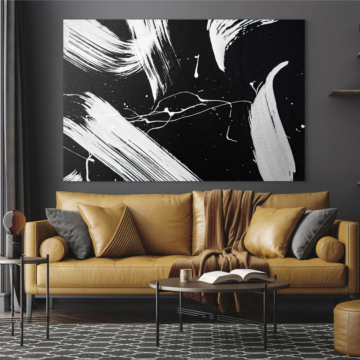 Billede på glas - Hvide penselstrøg på en sort baggrund - 70x50cm - Bryder mørket - Moderne vægdekoration til stue og soveværelse ARTTOR