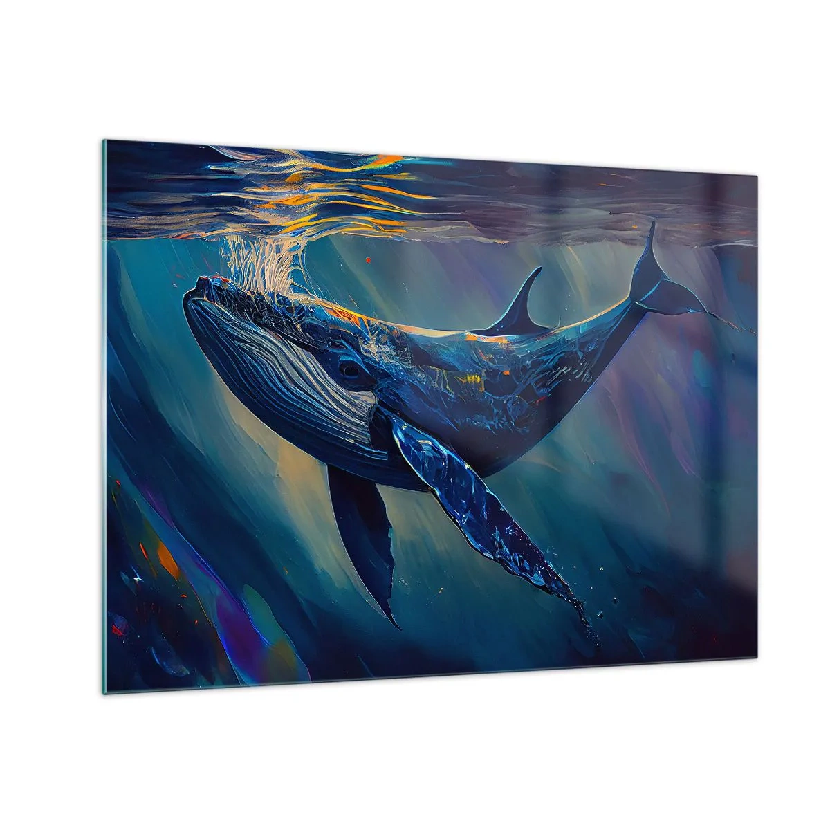Billede på glas - En hval, der flyder under vandet i sollyset - 70x50cm - Velkommen til min verden - Moderne vægdekoration til stue og soveværelse ARTTOR