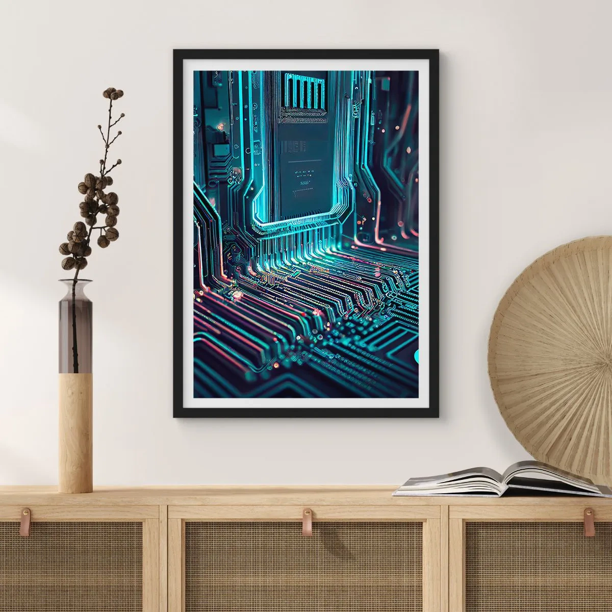 Plakat i sort ramme - En futuristisk vision af et integreret kredsløb - 50x70cm - Jeg tror... - Moderne vægdekoration til stue og soveværelse ARTTOR