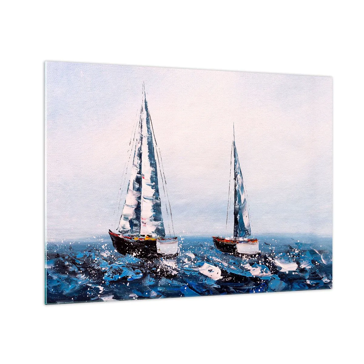 Billede på glas - To yachter på et stormfuldt hav i impressionistisk malerisk stil. - 70x50cm - Vindens broderskab - Moderne vægdekoration til stue og soveværelse ARTTOR