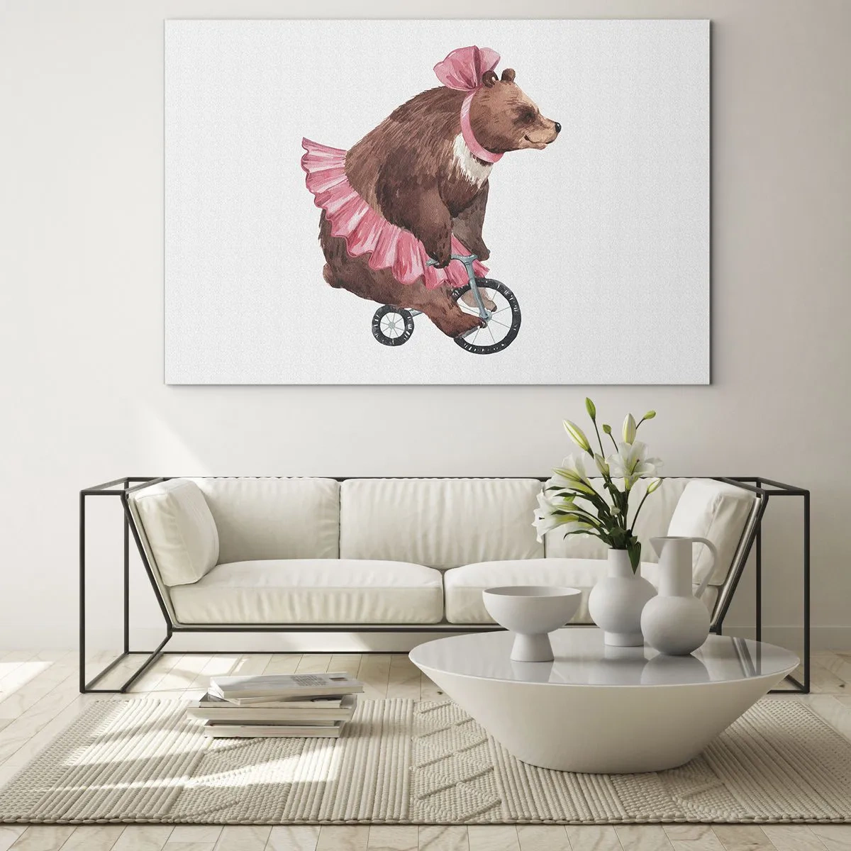 Billede på glas - En bjørn i en lyserød nederdel på en ethjulet cykel - 70x50cm - Sikke et cirkus! - Moderne vægdekoration til stue og soveværelse ARTTOR