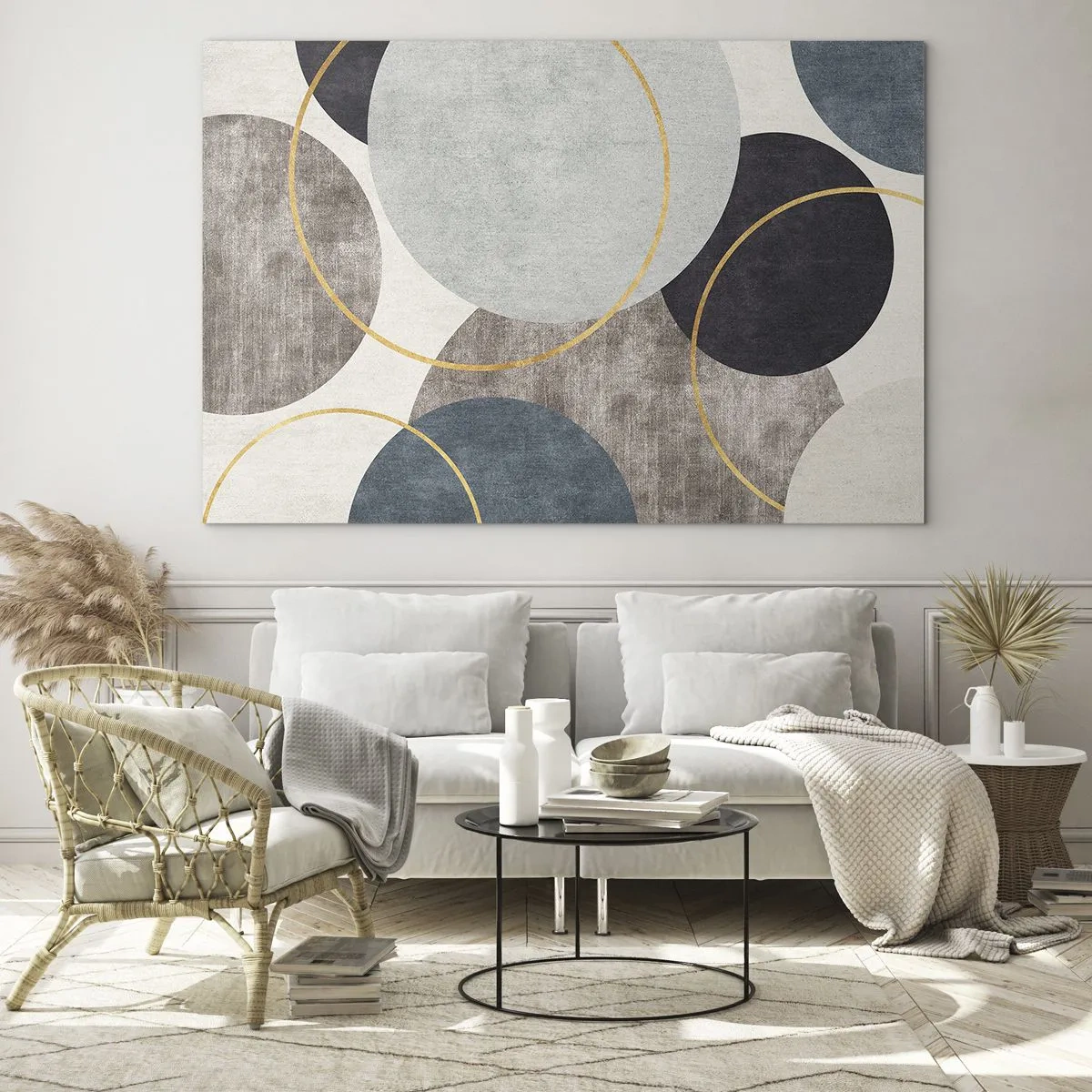 Billede på glas - En komposition af cirkler i dæmpede farver - 70x50cm - Hjul efter hjul - Moderne vægdekoration til stue og soveværelse ARTTOR