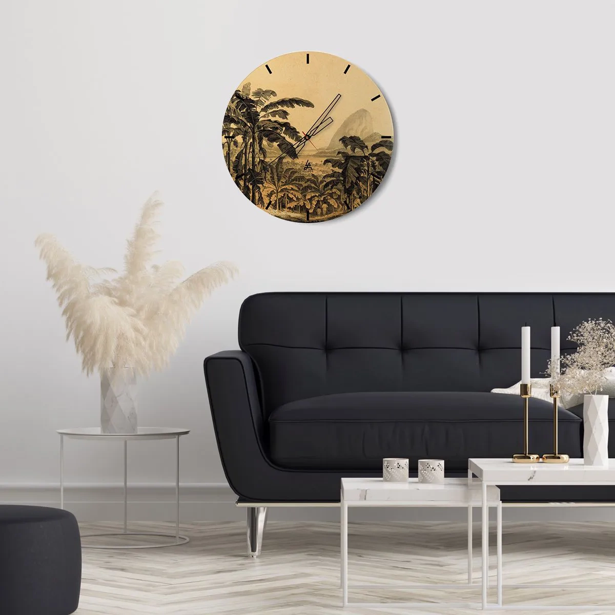 Vægur, Uret - Bananer og et retro tropisk landskab - 30x30cm - I en kolonial atmosfære - Moderne vægdekoration til stue, køkken og soveværelse ARTTOR