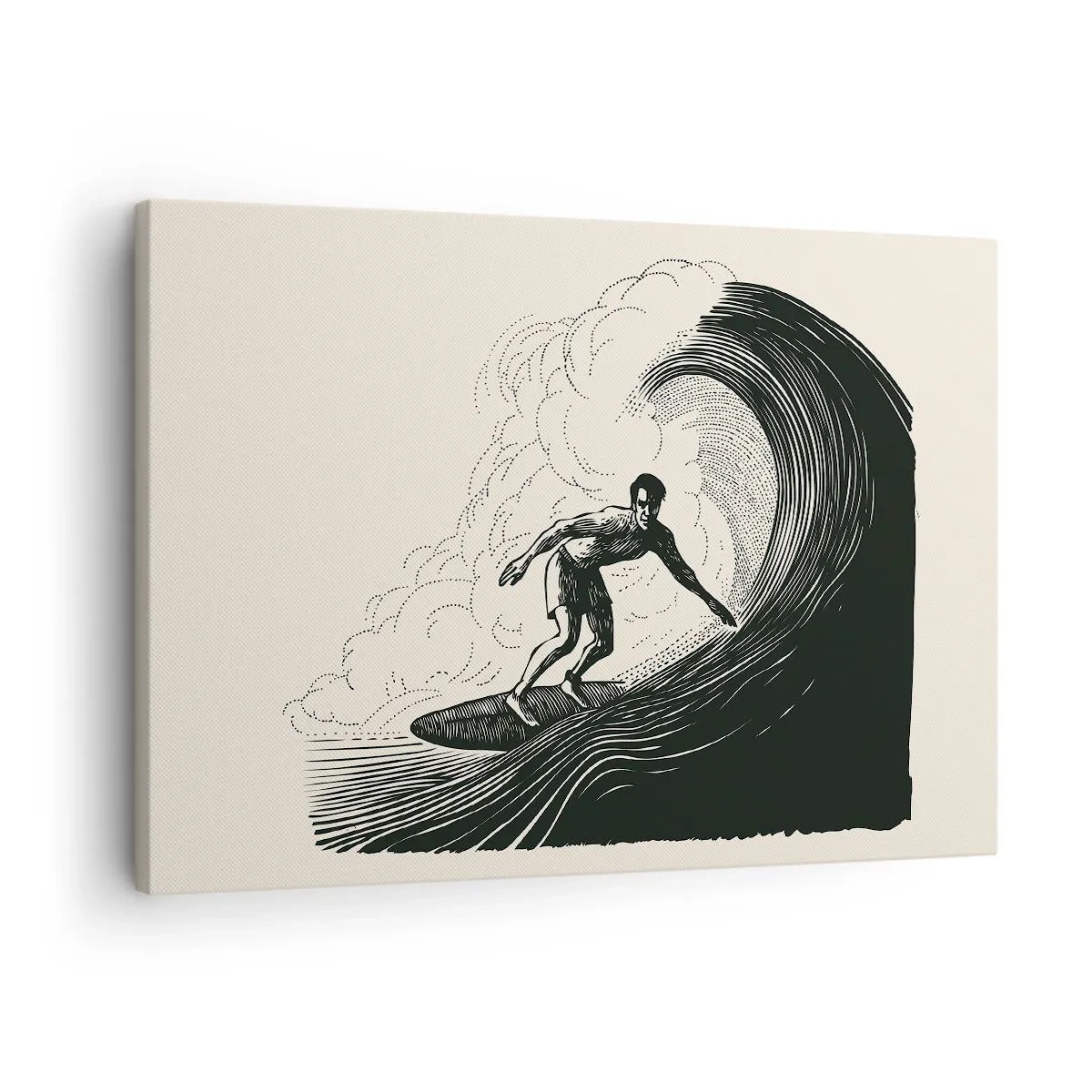 Lærredstryk - Billede på lærred - Sort-hvid grafik af en surfer, der rider på en bølge - 70x50cm - Bølgens konge - Moderne vægdekoration til stue og soveværelse ARTTOR