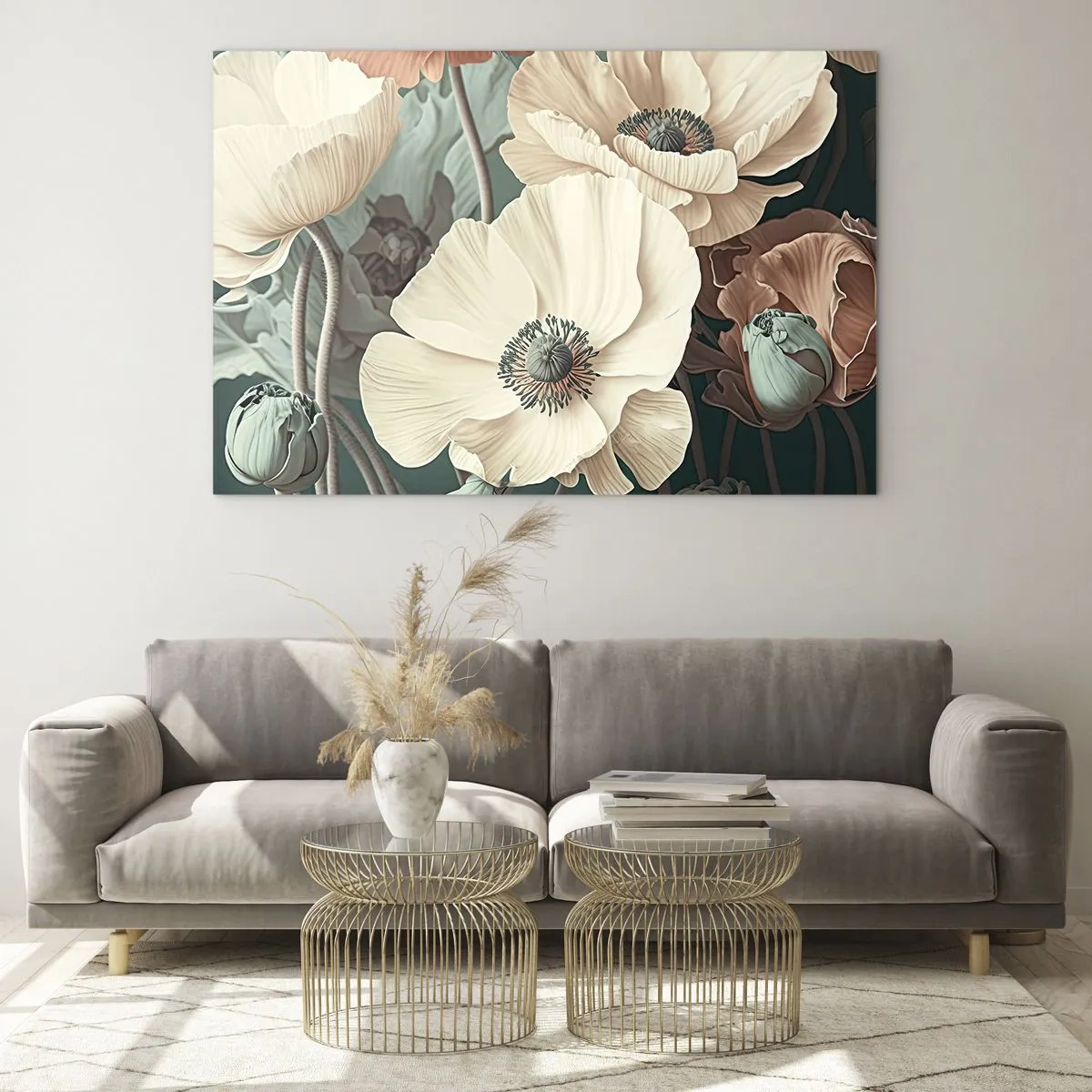 Billede på glas - Delikat fløde- og laksevalmuer på en mørk baggrund - 70x50cm - Valmuernes hvisken - Moderne vægdekoration til stue og soveværelse ARTTOR