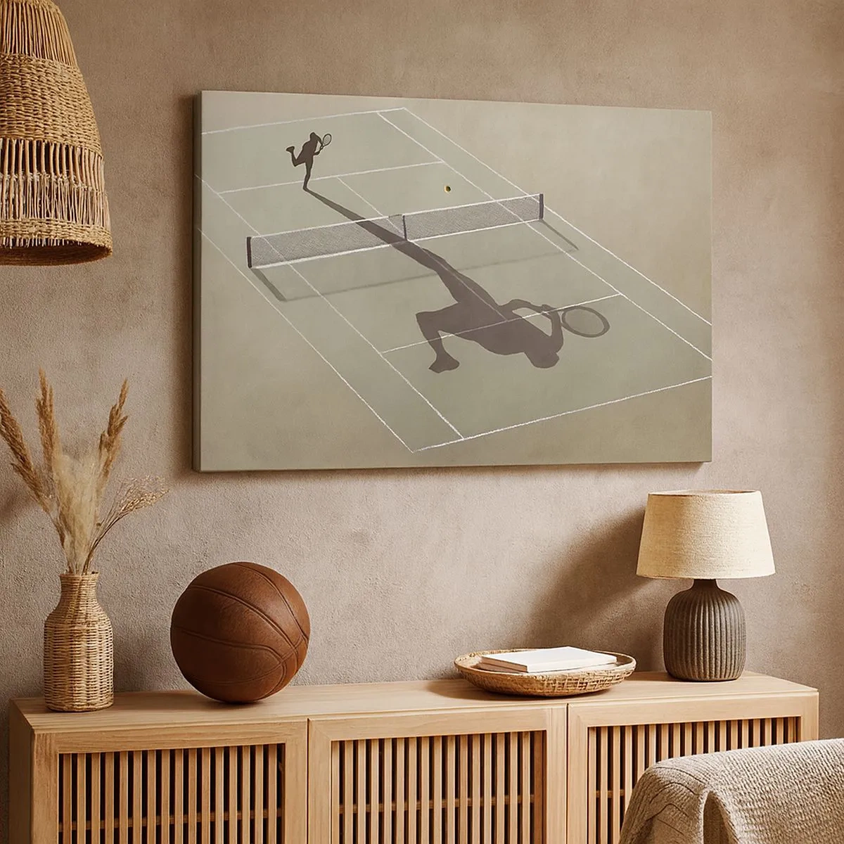 Lærredstryk - Billede på lærred - Skyggen af en tennisspiller på banen under en tenniskamp - 70x50cm - Overvind dig selv - Moderne vægdekoration til stue og soveværelse ARTTOR