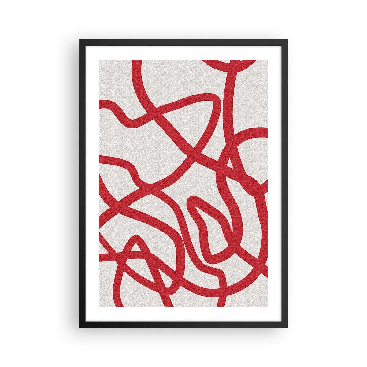 Plakat i sort ramme - Abstrakt komposition af dynamiske røde linjer på en lys baggrund. - 50x70cm - Rød på hvid - Moderne vægdekoration til stue og soveværelse ARTTOR
