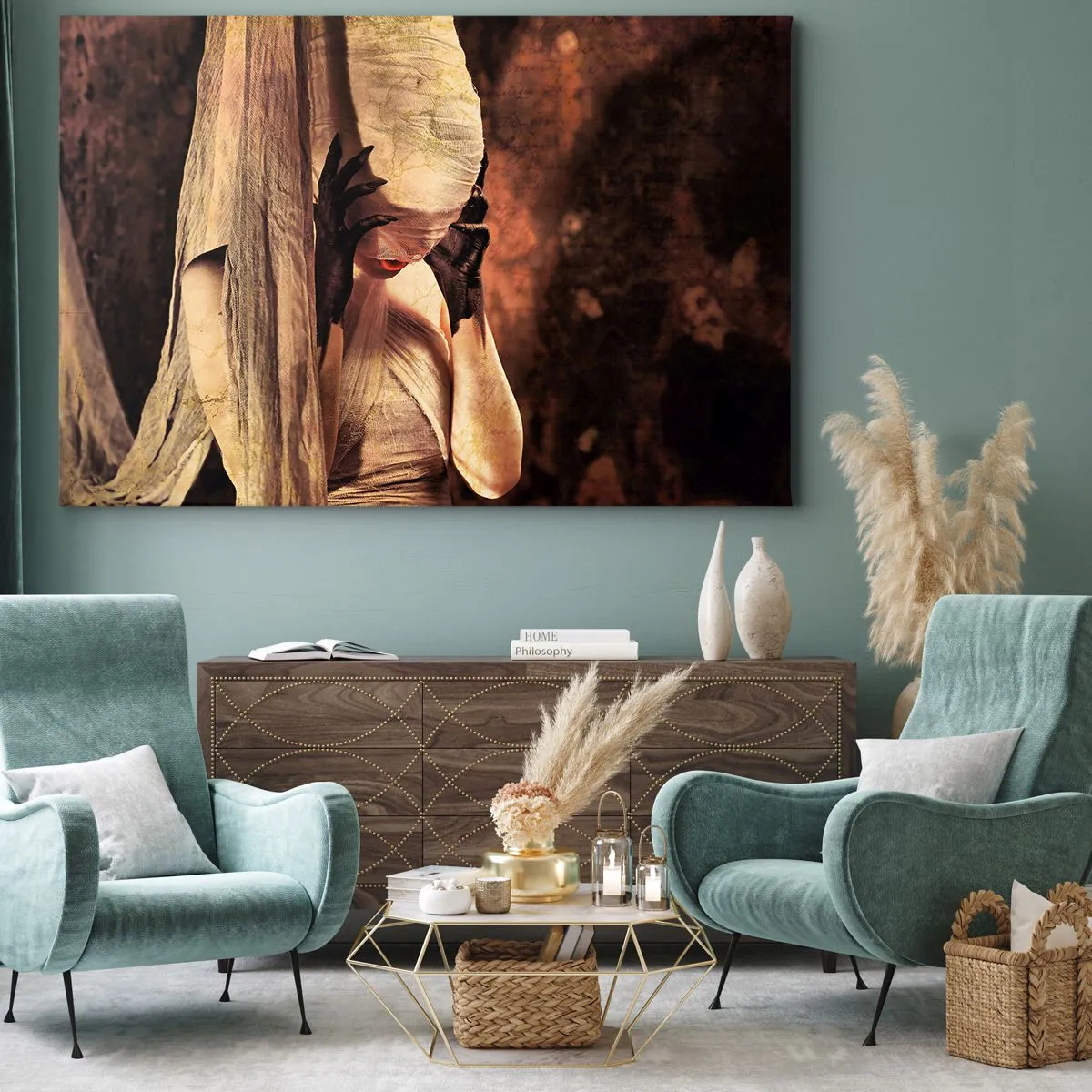Lærredstryk - Billede på lærred - En kvinde i et slør med en mystisk styling i en mørk baggrund - 70x50cm - Mellem godt og ondt - Moderne vægdekoration til stue og soveværelse ARTTOR