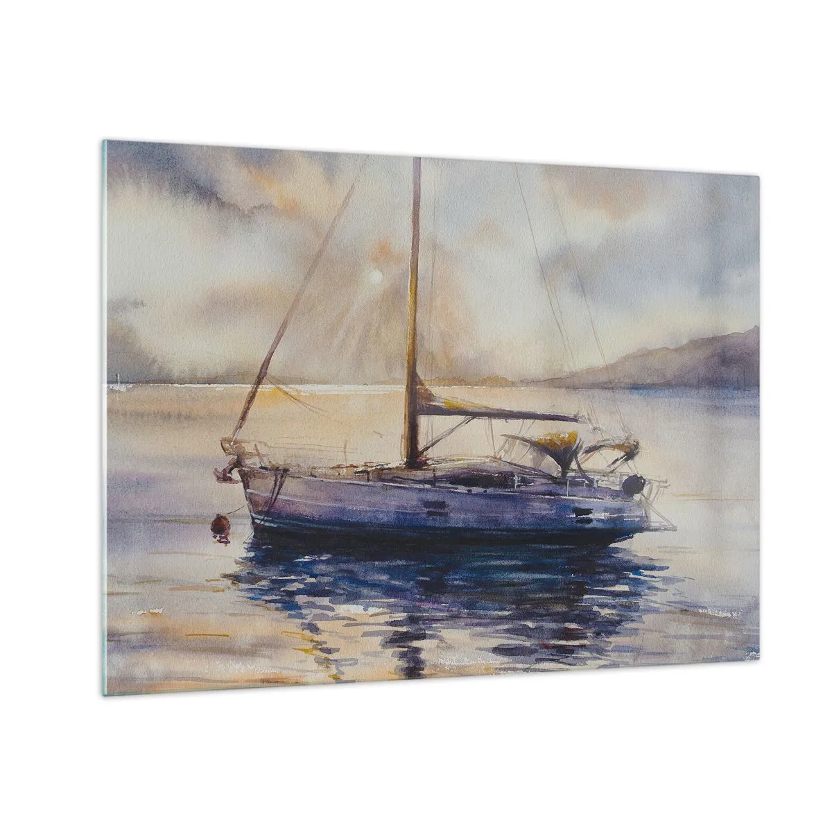 Billede på glas - En yacht fortøjet i en stille bugt i skumringen - 70x50cm - Aften i bugten - Moderne vægdekoration til stue og soveværelse ARTTOR