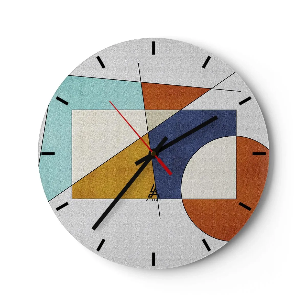 Vægur, Uret - Farverig geometrisk komposition med rektangler og cirkler - 30x30cm - Abstraktion: modernistisk leg - Moderne vægdekoration til stue, køkken og soveværelse ARTTOR