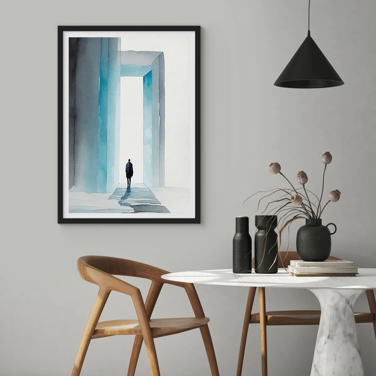 Plakat i sort ramme - En figur, der går gennem en blå port, symboliserer frihed og ubegrænsede muligheder - 50x70cm - Lev uden grænser - Moderne vægdekoration til stue og soveværelse ARTTOR