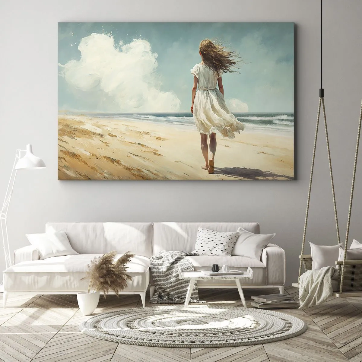 Lærredstryk - Billede på lærred - En kvinde i en hvid kjole går på stranden på en solskinsdag - 70x50cm - At møde solen og vinden - Moderne vægdekoration til stue og soveværelse ARTTOR