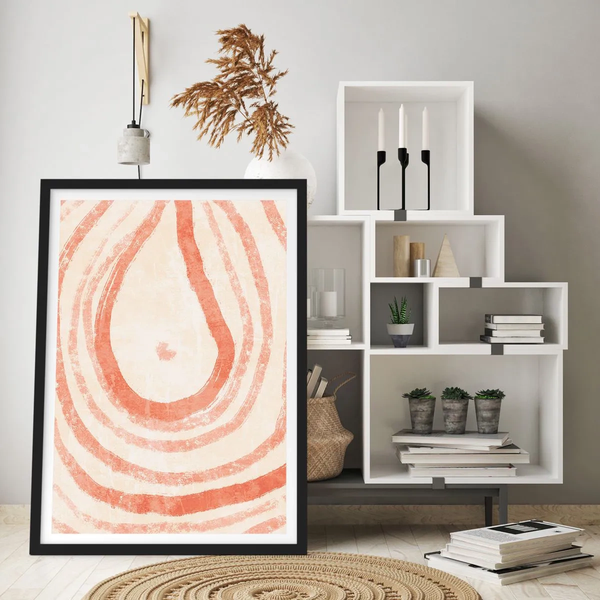 Plakat i sort ramme - Et abstrakt mønster i varme, jordnære farver. - 50x70cm - Koralcirkler - komposition - Moderne vægdekoration til stue og soveværelse ARTTOR