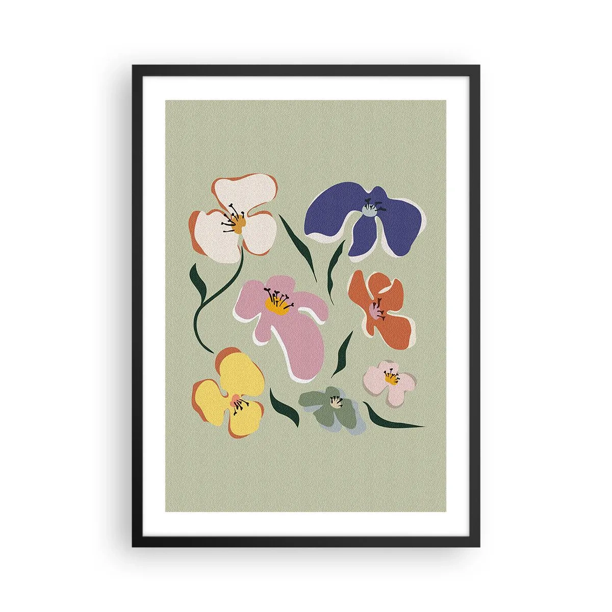 Plakat i sort ramme - Farverige blomster på en grøn baggrund i en kunstnerisk stil - 50x70cm - Stedmoderblomster med et twist - Moderne vægdekoration til stue og soveværelse ARTTOR