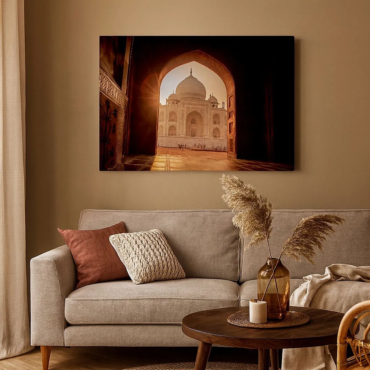 Lærredstryk - Billede på lærred - Taj Mahal i sollys set fra portbuen - 70x50cm - Et monument over overjordisk kærlighed - Moderne vægdekoration til stue og soveværelse ARTTOR