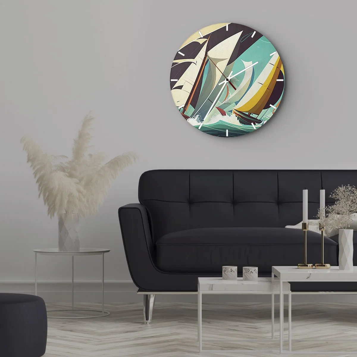 Vægur, Uret - Grafisk inspirerede sejlbåde på et stormfuldt turkisblåt hav - 30x30cm - Tæt på og personligt med elementerne - Moderne vægdekoration til stue, køkken og soveværelse ARTTOR