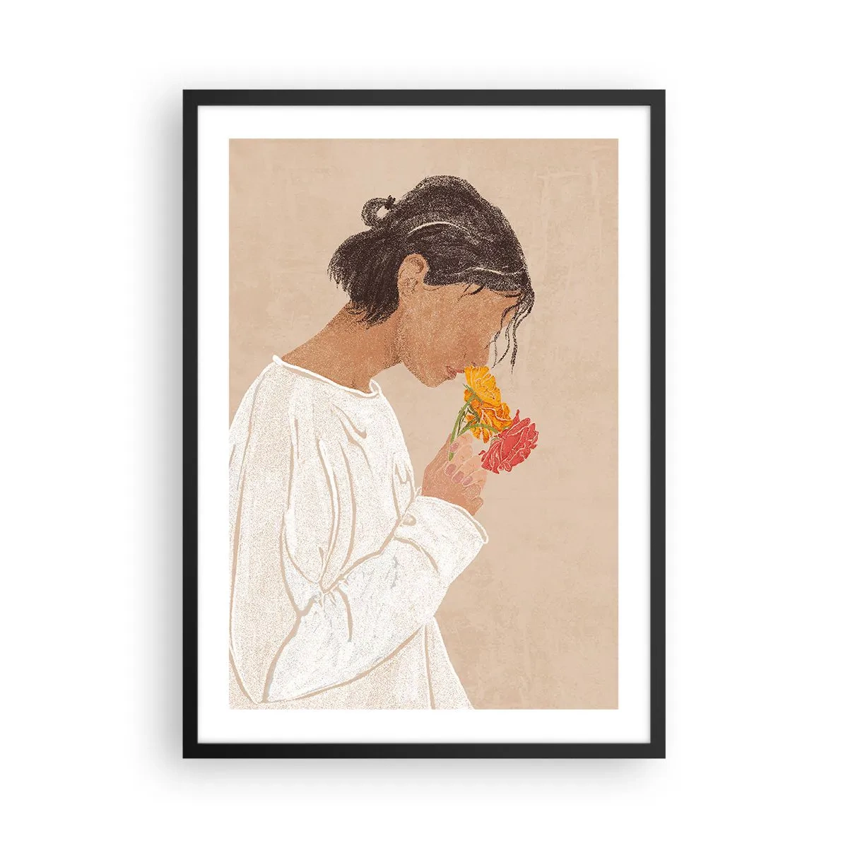 Plakat i sort ramme - En kvinde i hvidt, der reflekterer over blomster - 50x70cm - Pige og blomster - Moderne vægdekoration til stue og soveværelse ARTTOR