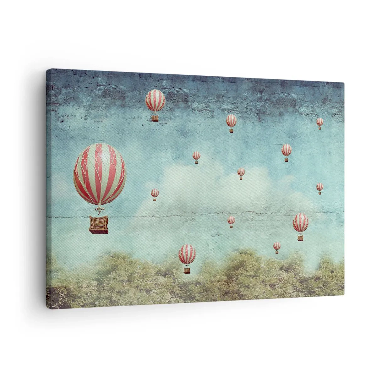 Lærredstryk - Billede på lærred - Retro balloner mod en blå himmel og grøn baggrund - 70x50cm - Fri fra livets travlhed og travlhed - Moderne vægdekoration til stue og soveværelse ARTTOR