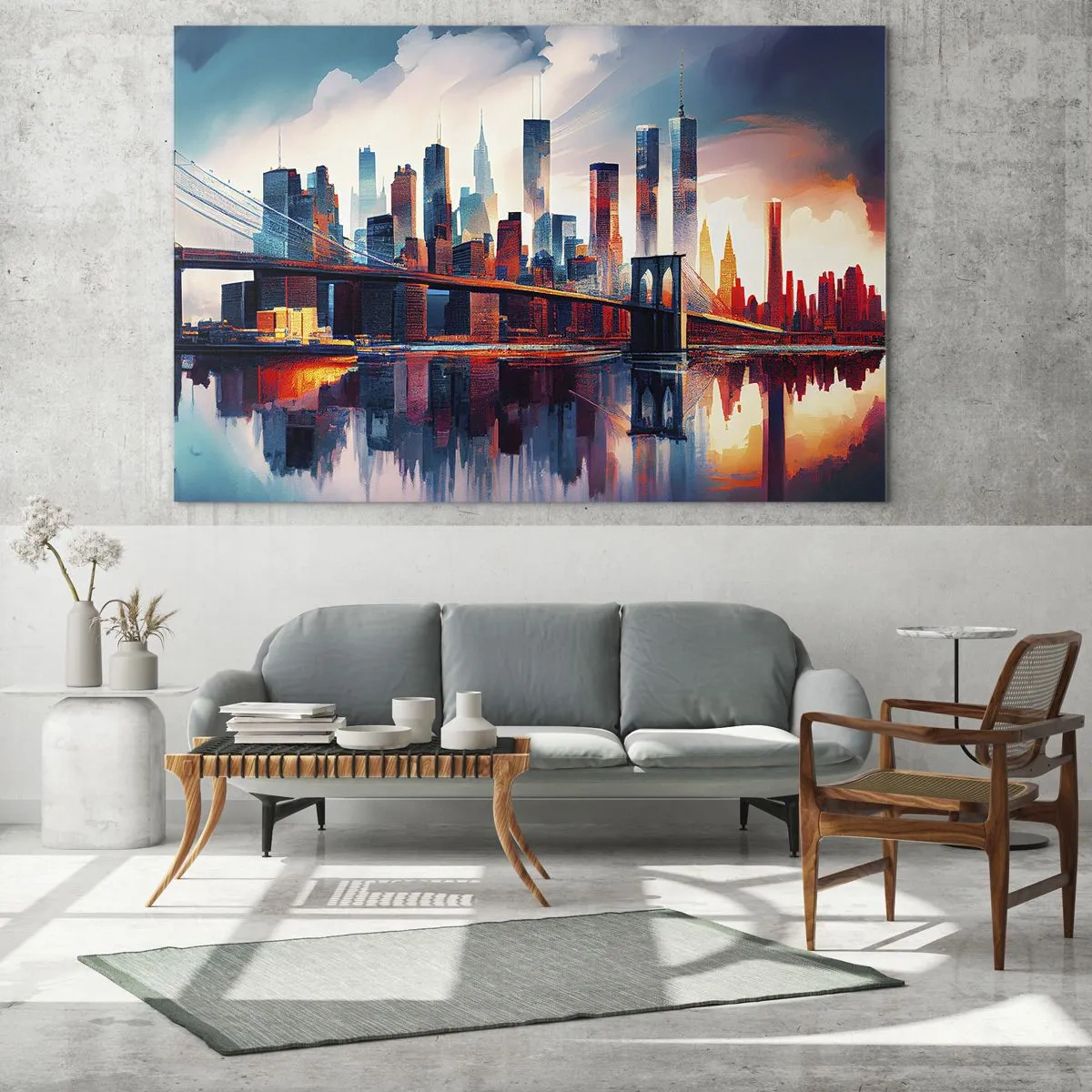 Billede på glas - Panorama af byen med en bro mod den farverige himmel og refleksion i vandet - 70x50cm - Fænomenale New York - Moderne vægdekoration til stue og soveværelse ARTTOR