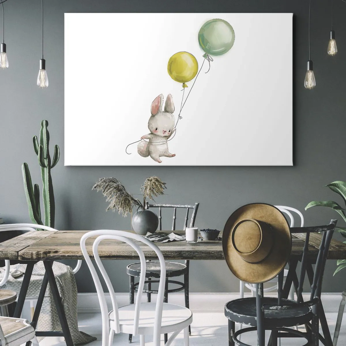 Lærredstryk - Billede på lærred - En kanin, der holder pastelfarvede balloner - 70x50cm - Jeg vil også anbefale den! - Moderne vægdekoration til stue og soveværelse ARTTOR