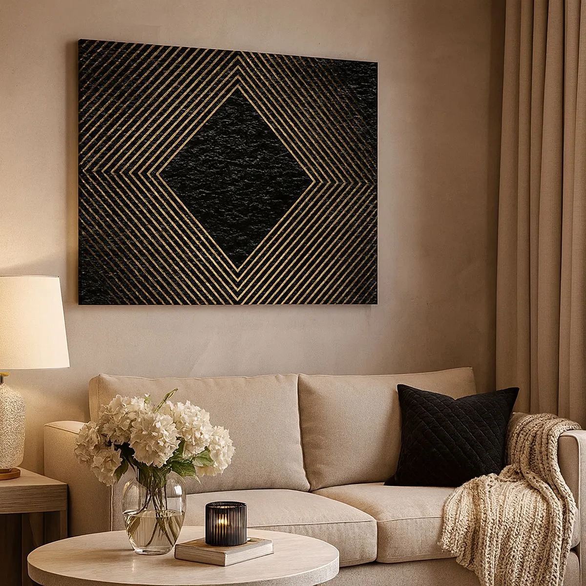 Lærredstryk - Billede på lærred - Sort baggrund med et geometrisk mønster af gyldne linjer - 70x50cm - Geometri i glamour-stil - Moderne vægdekoration til stue og soveværelse ARTTOR