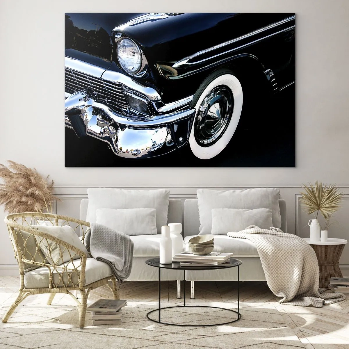 Billede på glas - Nærbillede af en sort veteranbil med kromdetaljer - 70x50cm - Klassikere i sølv, sort og hvid - Moderne vægdekoration til stue og soveværelse ARTTOR