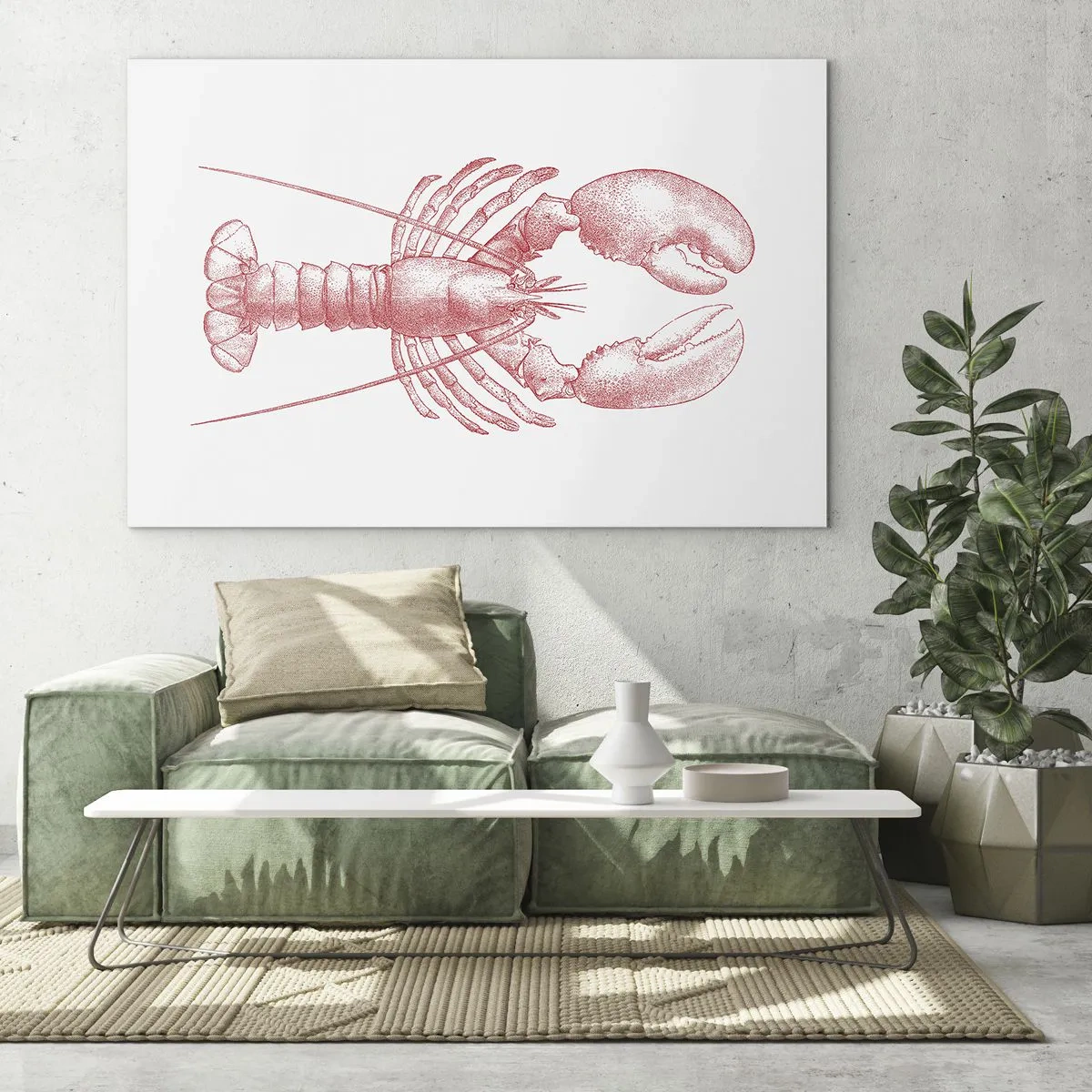 Billede på glas - Skitse af en hummer i rødt på en lys baggrund - 70x50cm - Hummer, der er Homer værdig - Moderne vægdekoration til stue og soveværelse ARTTOR