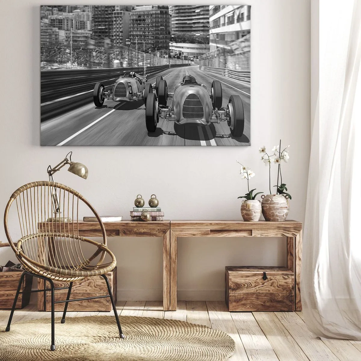 Lærredstryk - Billede på lærred - Monokrom retro bilracerscene - 70x50cm - Der var engang i Monte Carlo - Moderne vægdekoration til stue og soveværelse ARTTOR