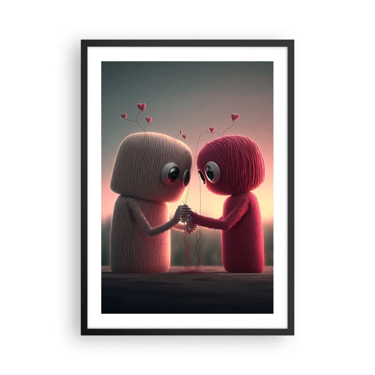 Plakat i sort ramme - Yndige garnfigurer holder i hånd - 50x70cm - Alle har lov til at elske - Moderne vægdekoration til stue og soveværelse ARTTOR