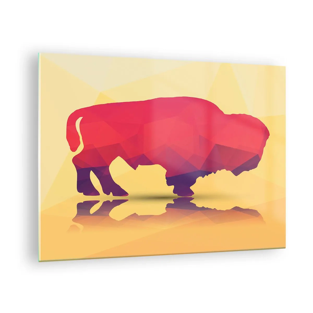 Billede på glas - Geometrisk bison i varme farver - 70x50cm - Bisonens amarantstyrke - Moderne vægdekoration til stue og soveværelse ARTTOR