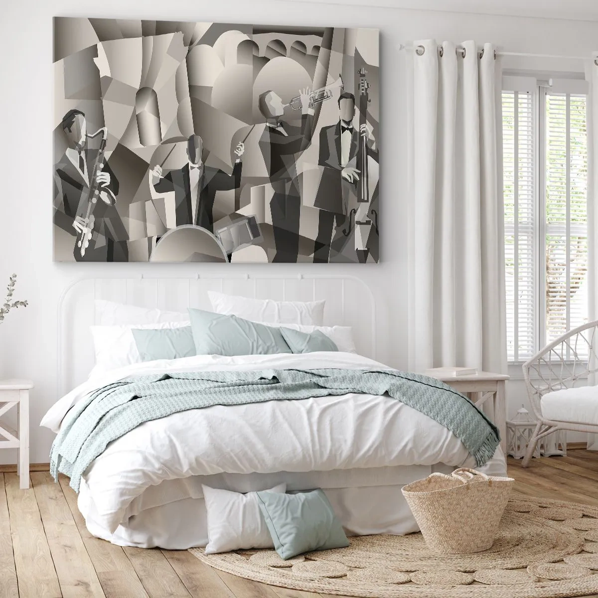 Lærredstryk - Billede på lærred - Abstrakt scene med jazzmusikere i grå nuancer. - 70x50cm - I lydenes rum - Moderne vægdekoration til stue og soveværelse ARTTOR