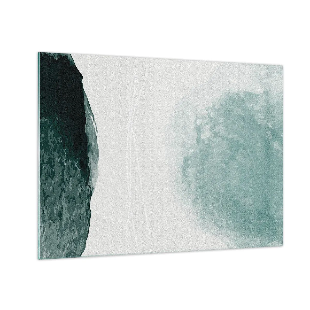 Billede på glas - Grønne abstrakte former på en lys baggrund, der ligner tåge - 70x50cm - Et møde med tåge - Moderne vægdekoration til stue og soveværelse ARTTOR