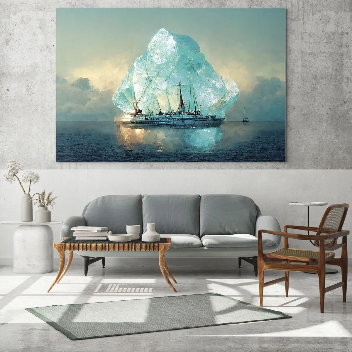 Billede på glas - Et sejlskib foran en enorm gletsjer i det arktiske lys. - 70x50cm - Arktisk diamant - Moderne vægdekoration til stue og soveværelse ARTTOR