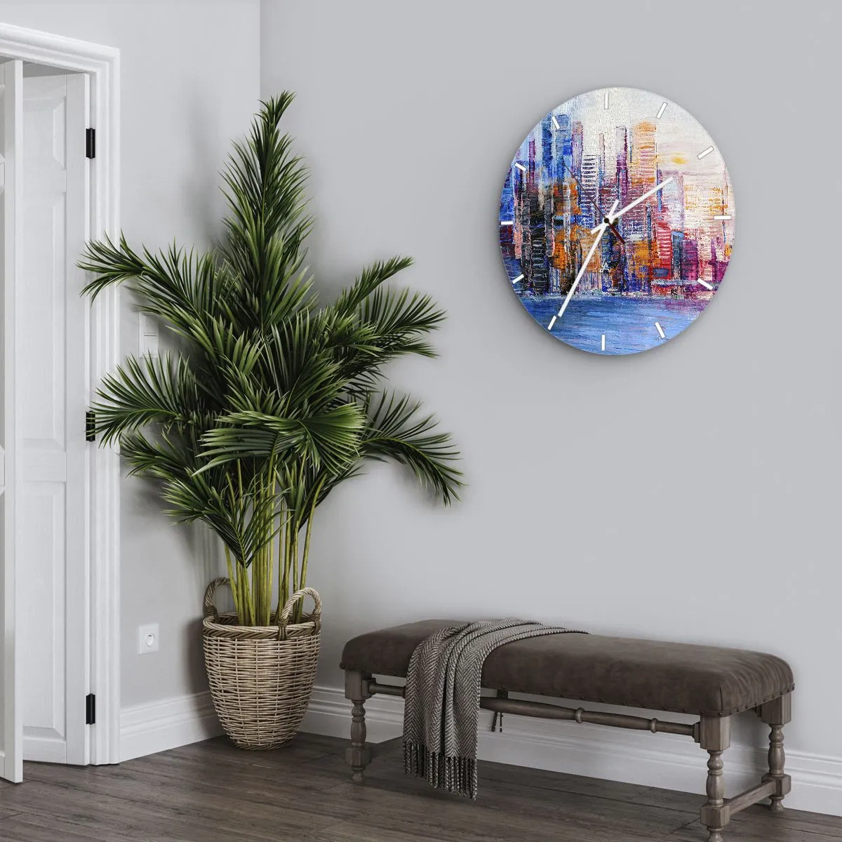 Vægur, Uret - Farverige skyskrabere over vandet i en udtryksfuld, malerisk stil - 30x30cm - En glad metropol - Moderne vægdekoration til stue, køkken og soveværelse ARTTOR