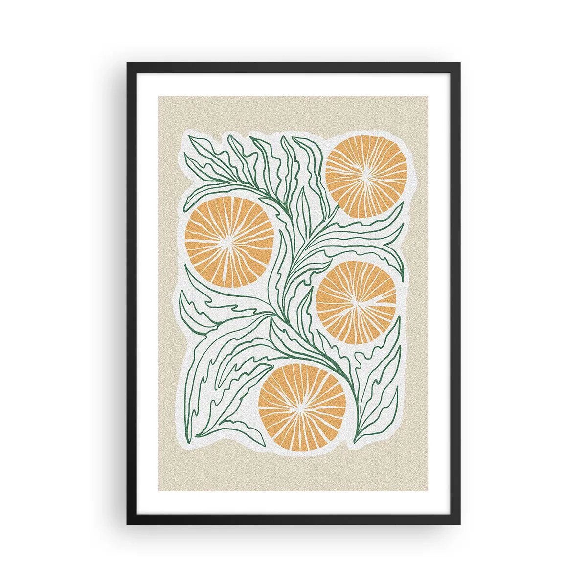 Plakat i sort ramme - Abstrakt komposition af blade og appelsiner på en beige baggrund - 50x70cm - Etnisk med et strejf af abstraktion - Moderne vægdekoration til stue og soveværelse ARTTOR
