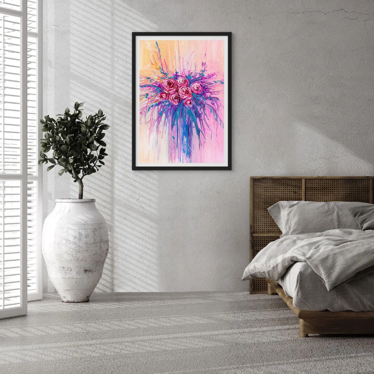 Plakat i sort ramme - Farverige roser på en baggrund i lyserøde nuancer - 50x70cm - Rose springvand - Moderne vægdekoration til stue og soveværelse ARTTOR
