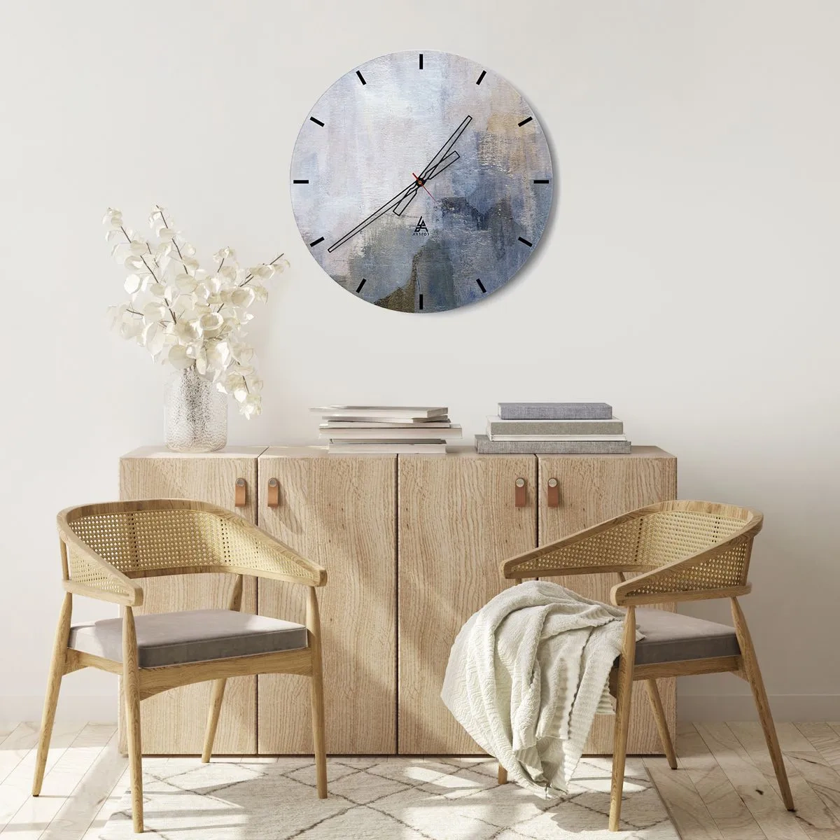 Vægur, Uret - Abstrakt komposition i nuancer af blå og grå - 30x30cm - Farvetoner og akkorder - Moderne vægdekoration til stue, køkken og soveværelse ARTTOR