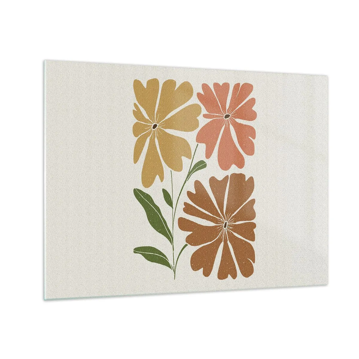 Billede på glas - Tre stiliserede blomster i varme farver på en lys baggrund - 70x50cm - Natur og geometri - Moderne vægdekoration til stue og soveværelse ARTTOR