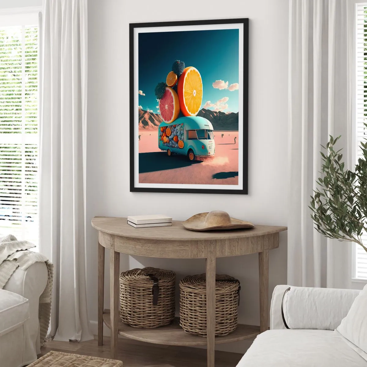 Plakat i sort ramme - Flot frugtvogn i ørkenen - 50x70cm - En smag af ferie - Moderne vægdekoration til stue og soveværelse ARTTOR